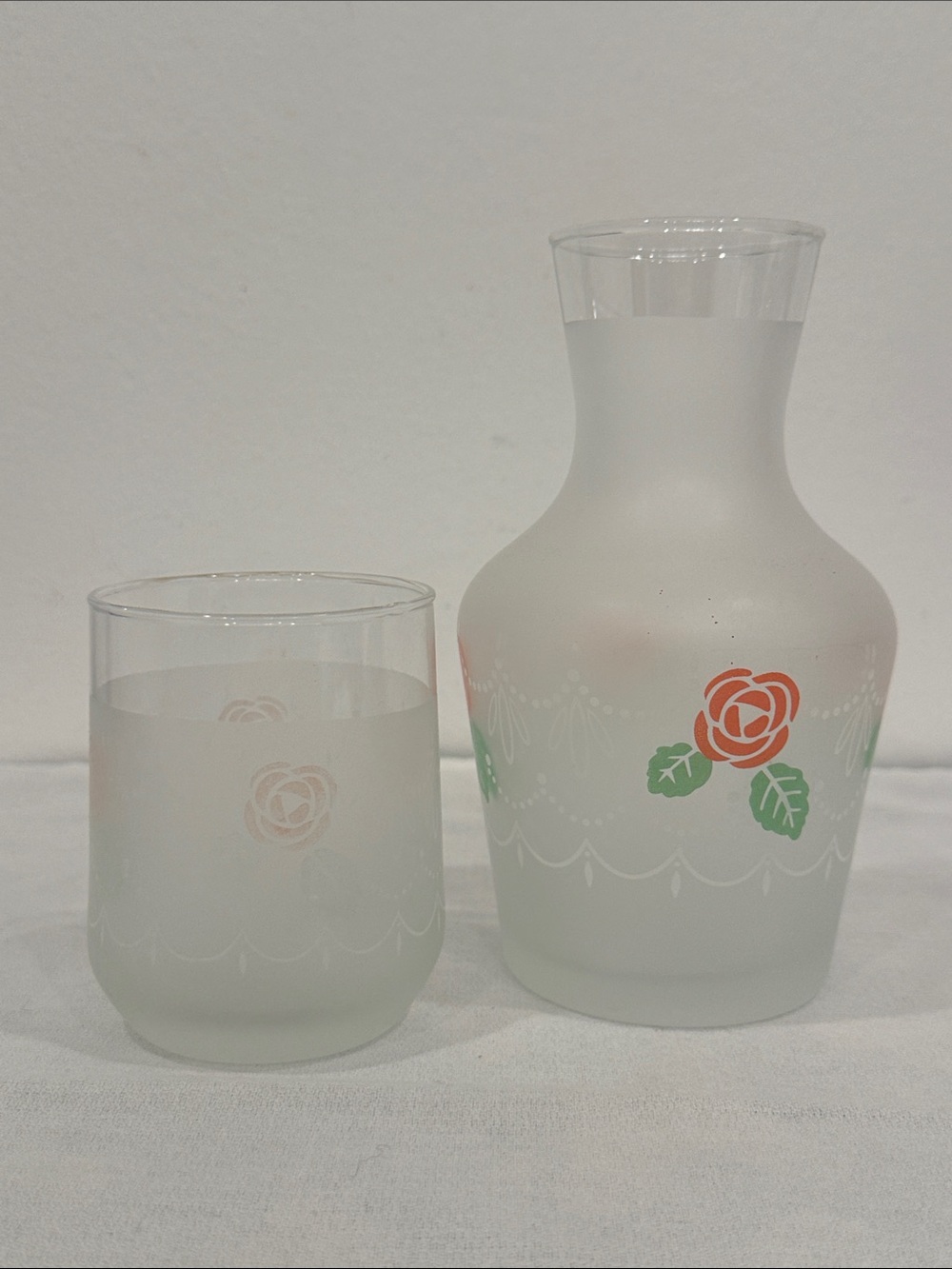Vintage Frosted Glass Bedside Water Carafe & Tumbler Set – Painted Rose Design
